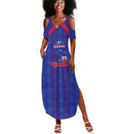 Custom Haiti Football Summer Maxi Dress Les Grenadiers Veve Vodou Blue - African Pride