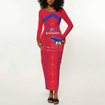 Custom Haiti Football Long Sleeve Bodycon Dress Les Grenadiers Veve Vodou Red - African Pride