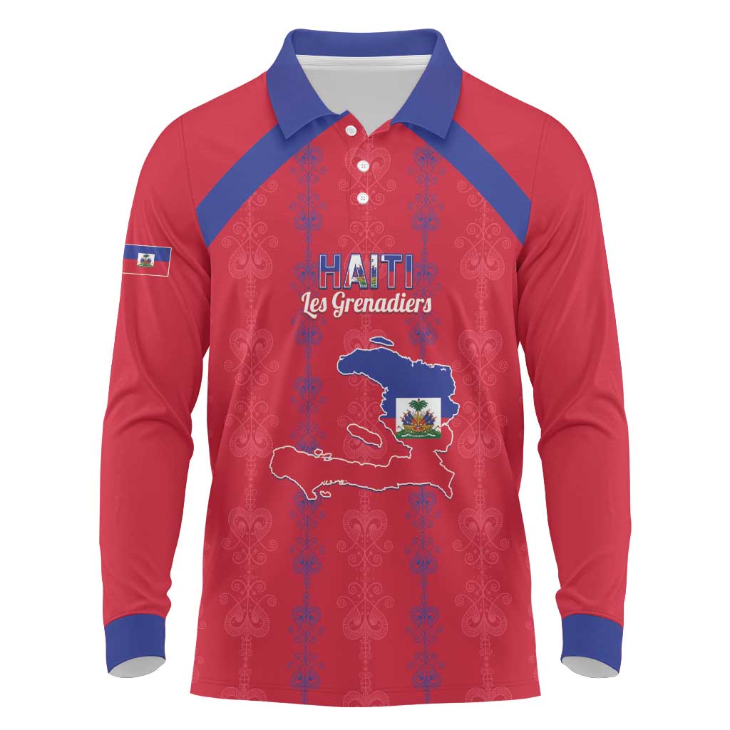 Custom Haiti Football Long Sleeve Polo Shirt Les Grenadiers Veve Vodou Red - African Pride