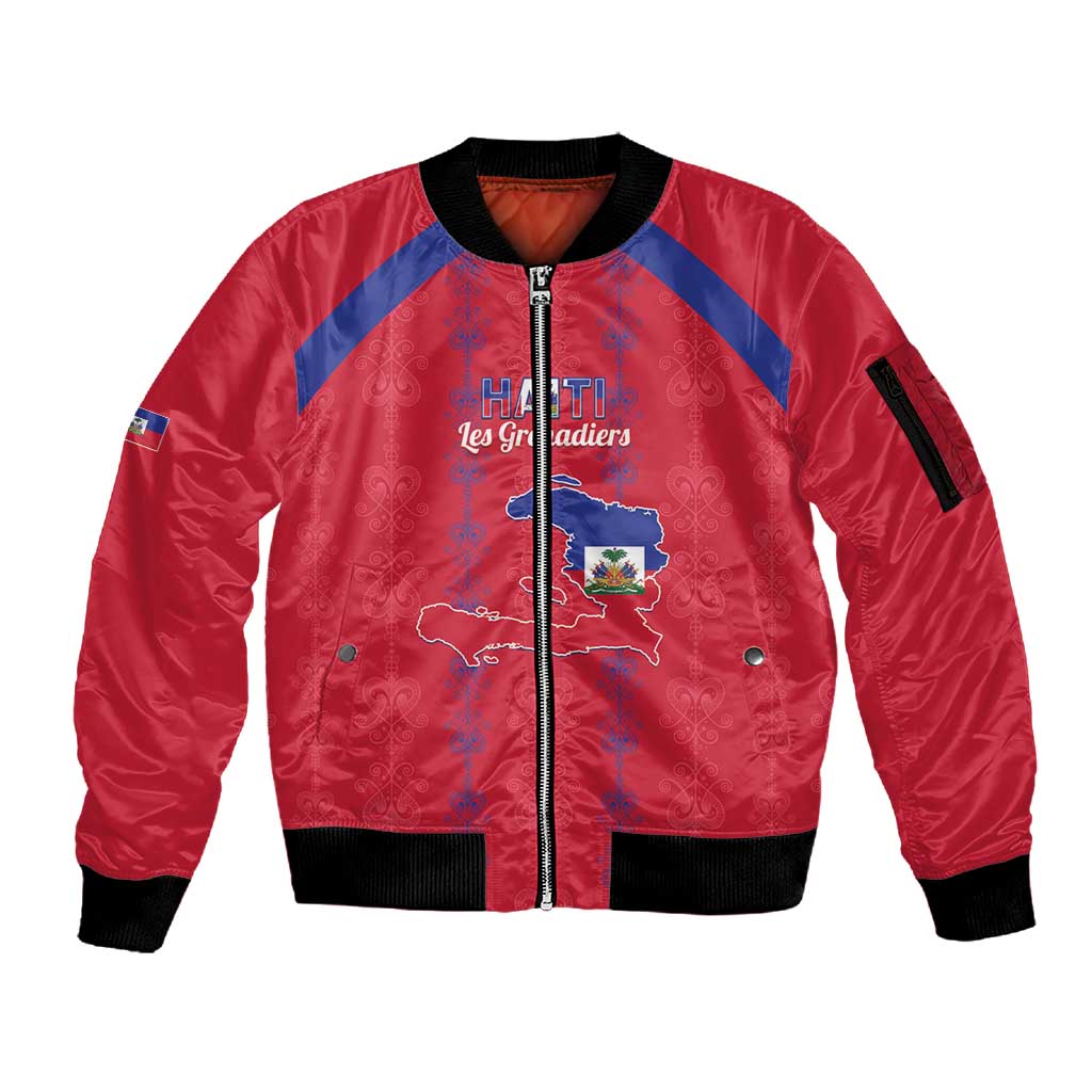 Custom Haiti Football Sleeve Zip Bomber Jacket Les Grenadiers Veve Vodou Red - African Pride