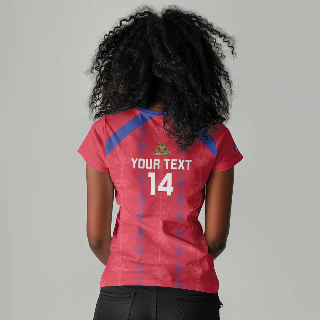 Custom Haiti Football Women V-Neck T-Shirt Les Grenadiers Veve Vodou Red - African Pride