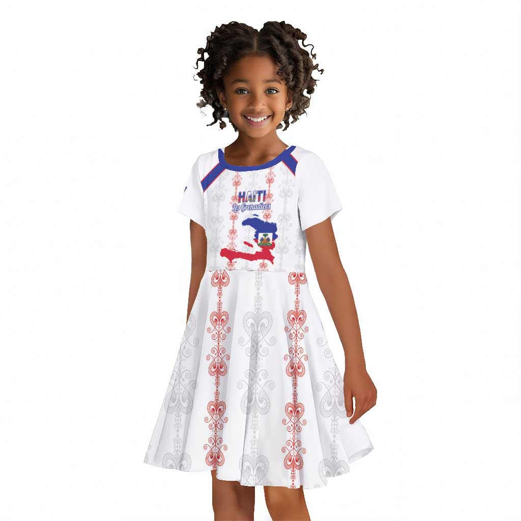 Custom Haiti Football Kid Short Sleeve Dress Les Grenadiers Veve Vodou White - African Pride