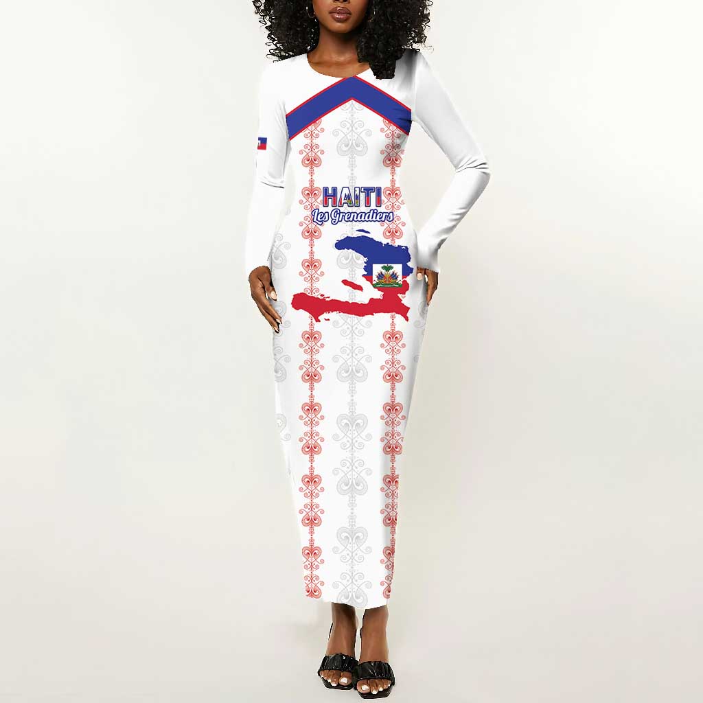 Custom Haiti Football Long Sleeve Bodycon Dress Les Grenadiers Veve Vodou White - African Pride