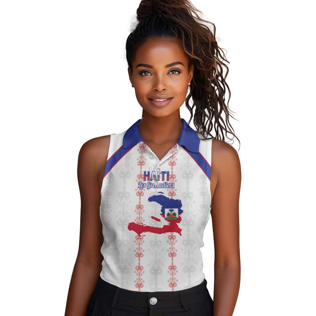Custom Haiti Football Women Sleeveless Polo Shirt Les Grenadiers Veve Vodou White - African Pride