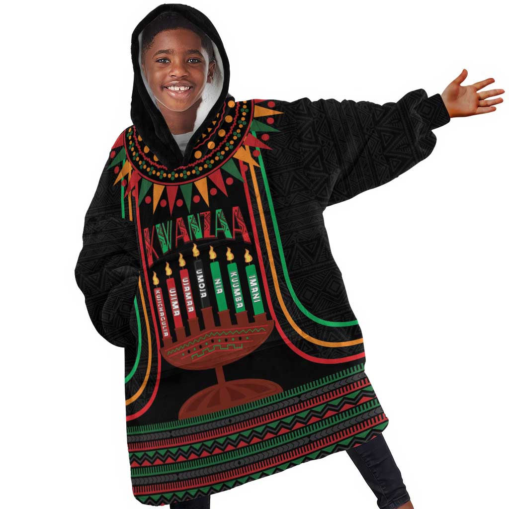 Personalized Afro-American Kwanzaa Kid Wearable Blanket Hoodie Kinara Candles African Pattern