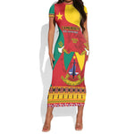 Personalised Cameroon National Day Short Sleeve Bodycon Dress Cameroun Coat Of Arms With Atoghu Pattern LT14
