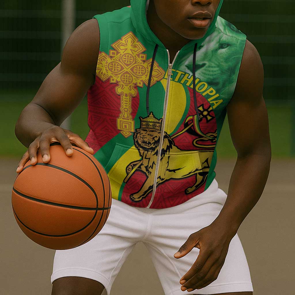 Ethiopia National Day Sleeveless Zip Hoodie Ethiopia Lion of Judah African Pattern - African Pride