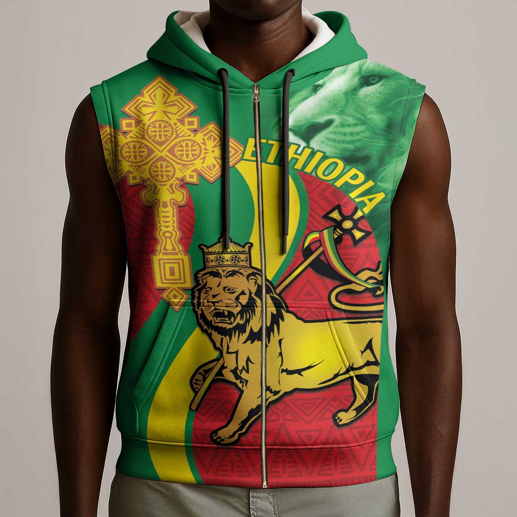 Ethiopia National Day Sleeveless Zip Hoodie Ethiopia Lion of Judah African Pattern - African Pride