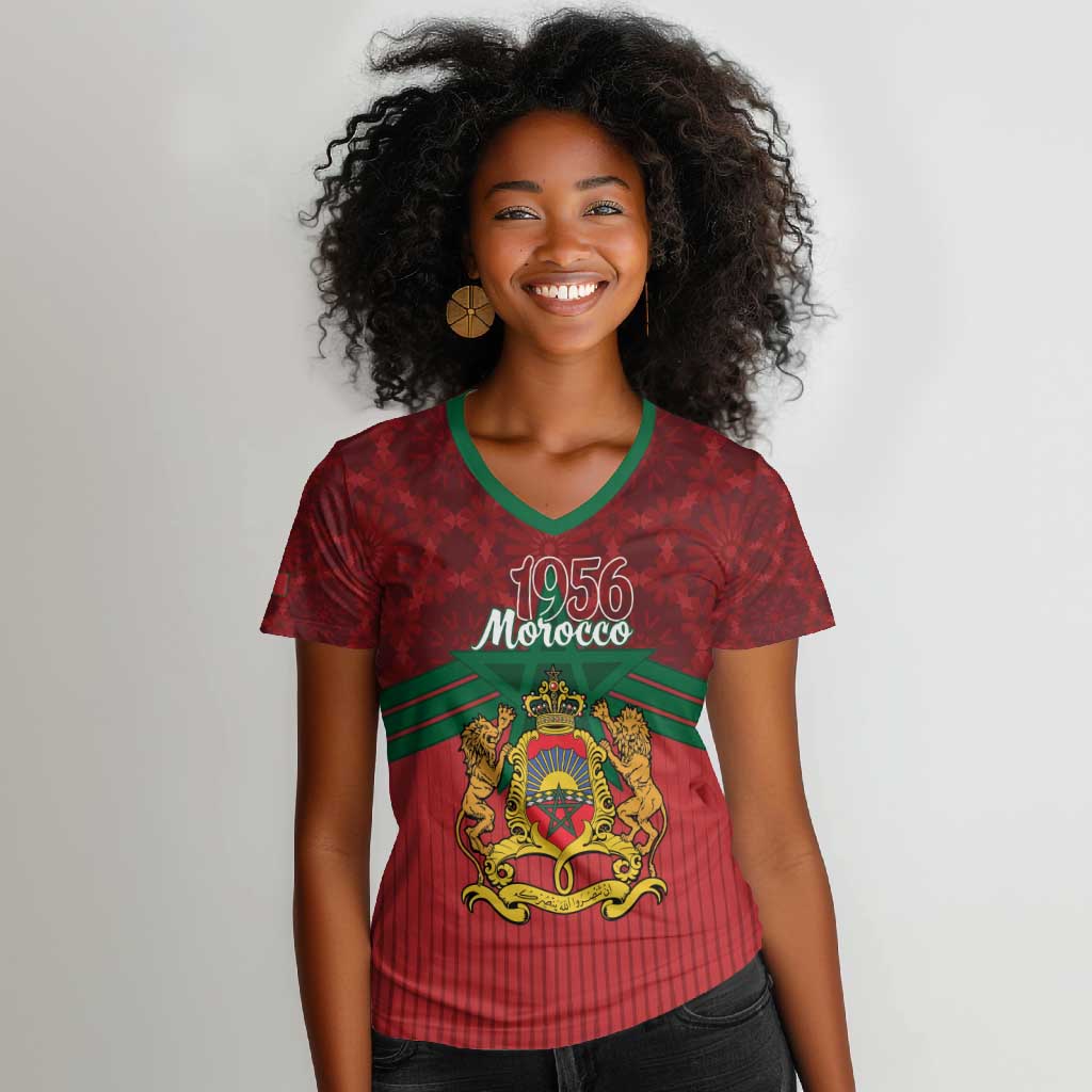 Personalized Afro Morocco Independence Day Women V-Neck T-Shirt 1956 Proud Islamic Pattern - African Pride