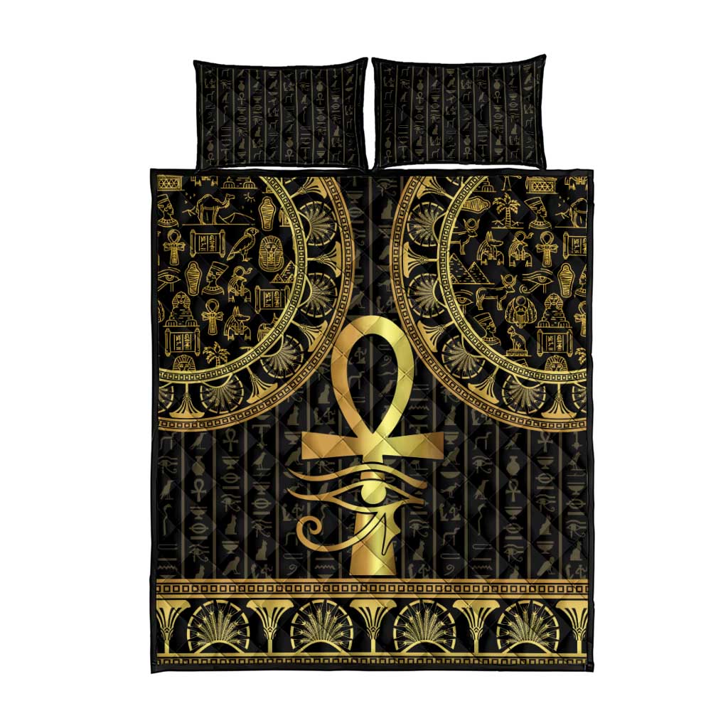 Afro Ancient Egypt Ankh and Eye Of Horus Quilt Bed Set Egyptian Hieroglyphs