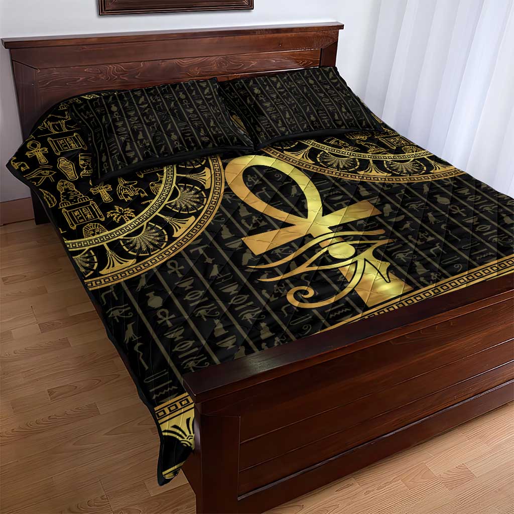 Afro Ancient Egypt Ankh and Eye Of Horus Quilt Bed Set Egyptian Hieroglyphs