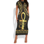 Afro Ancient Egypt Ankh and Eye Of Horus Short Sleeve Bodycon Dress Egyptian Hieroglyphs LT14
