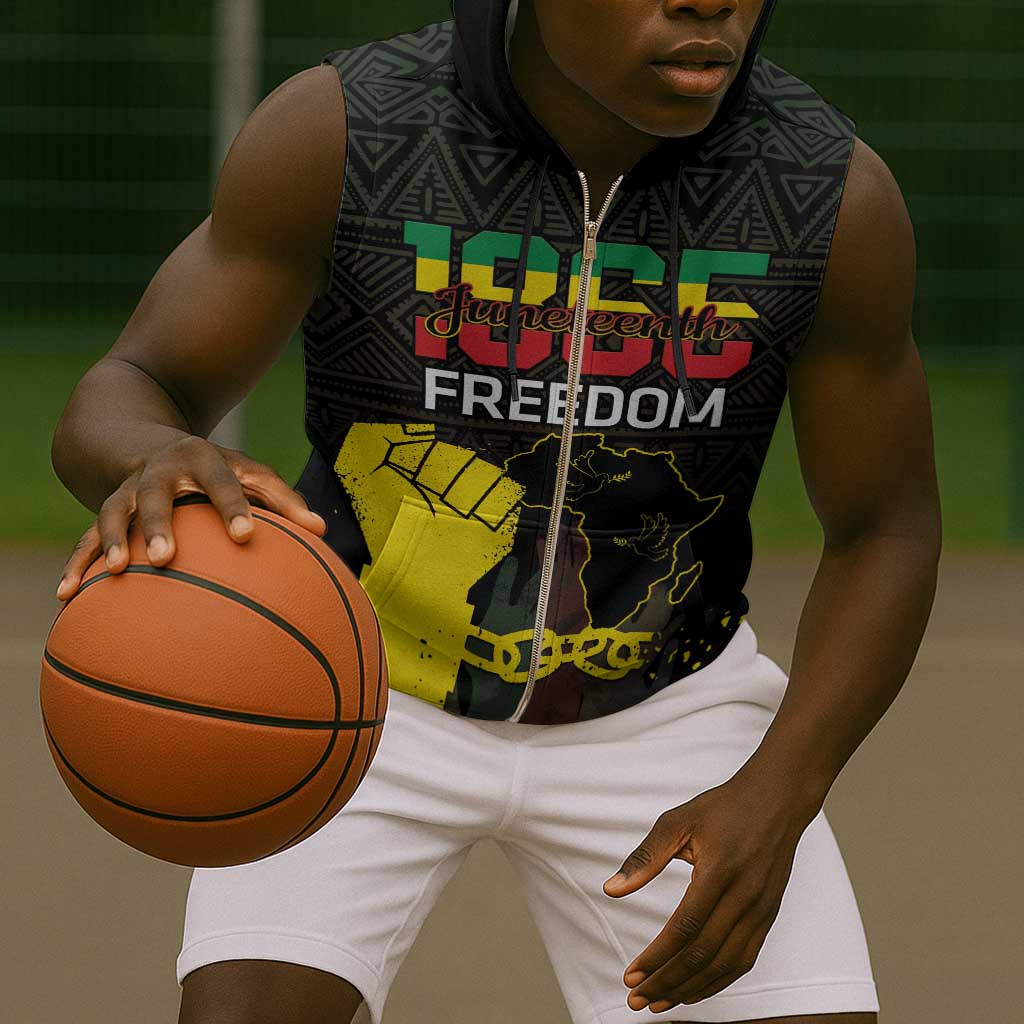 Juneteenth Freedom Day Sleeveless Zip Hoodie 1865 Black Independence African Pattern - African Pride