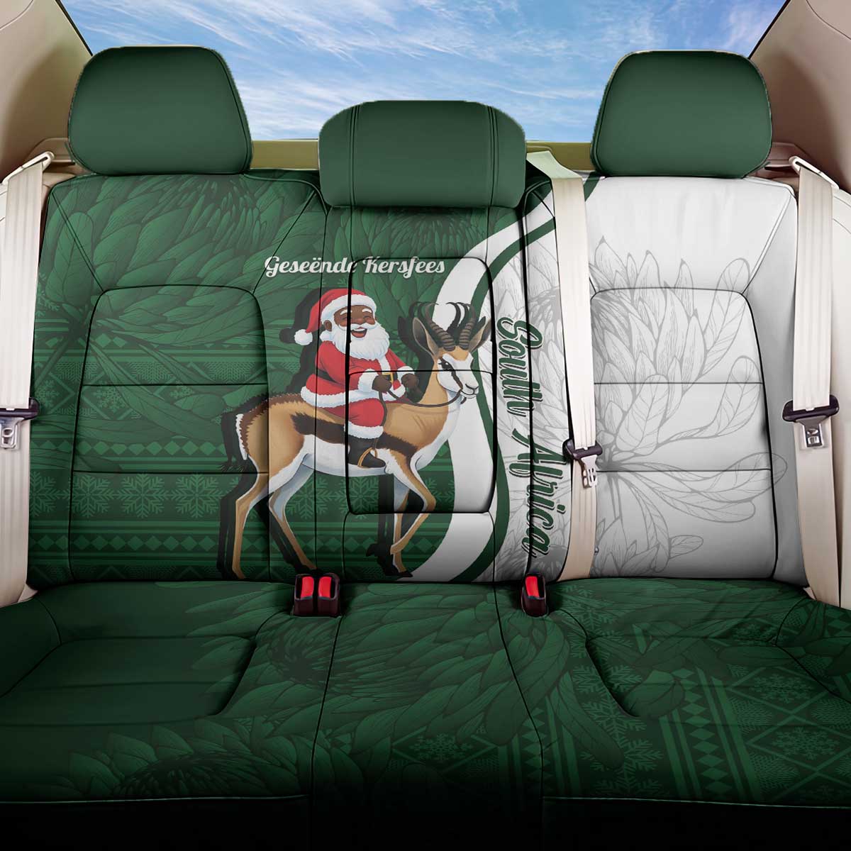 South Africa Christmas In July Back Car Seat Cover Geseende Kersfees Springbok Black Santa