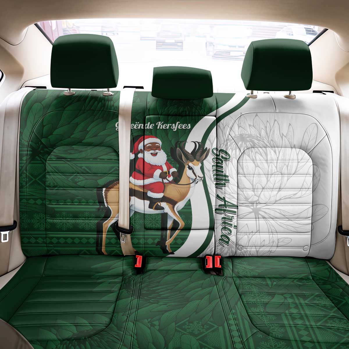South Africa Christmas In July Back Car Seat Cover Geseende Kersfees Springbok Black Santa