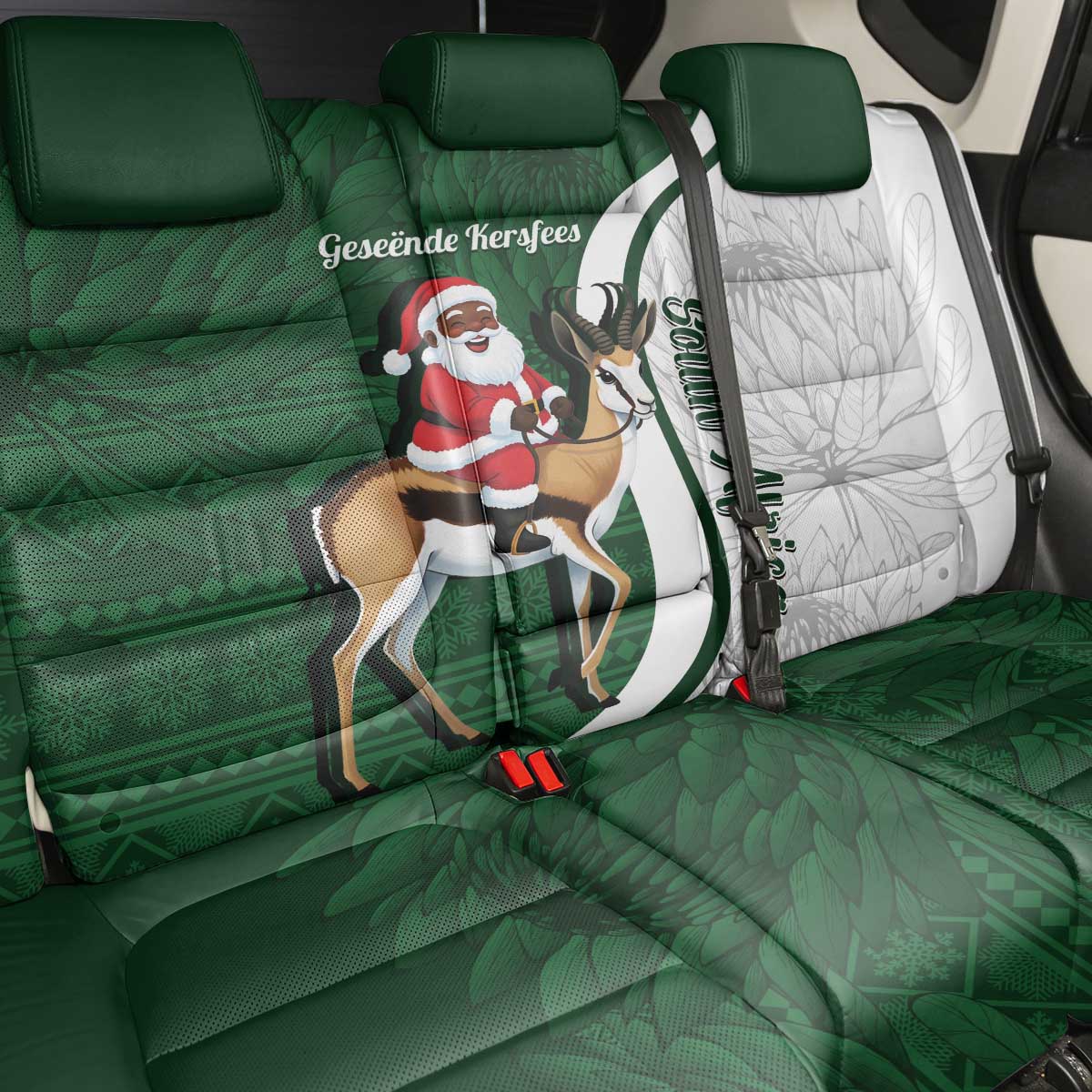 South Africa Christmas In July Back Car Seat Cover Geseende Kersfees Springbok Black Santa