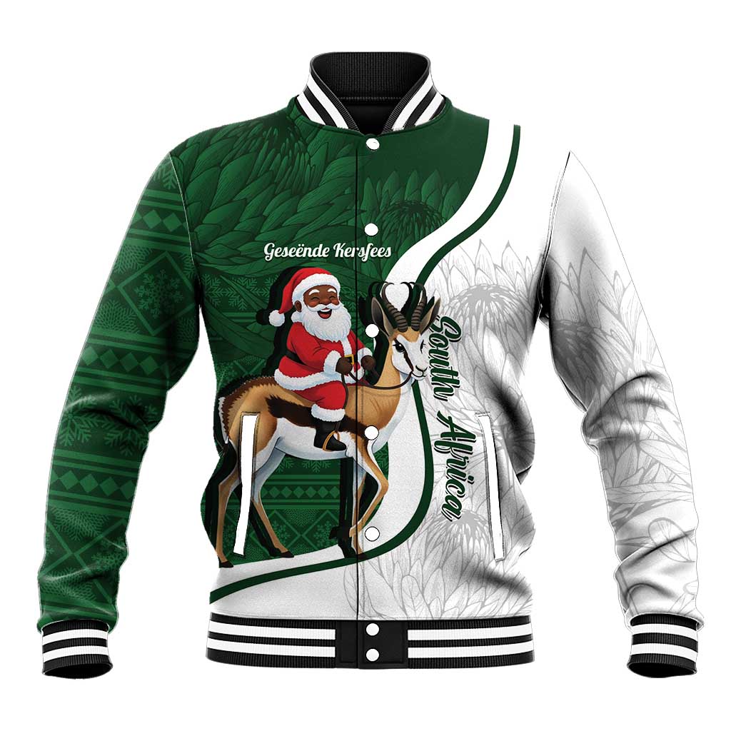South Africa Christmas In July Baseball Jacket Geseende Kersfees Springbok Black Santa
