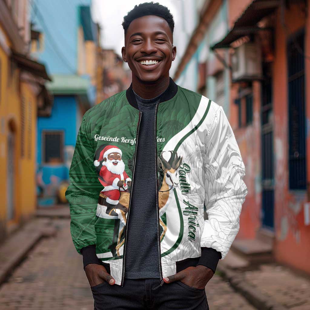 South Africa Christmas In July Bomber Jacket Geseende Kersfees Springbok Black Santa