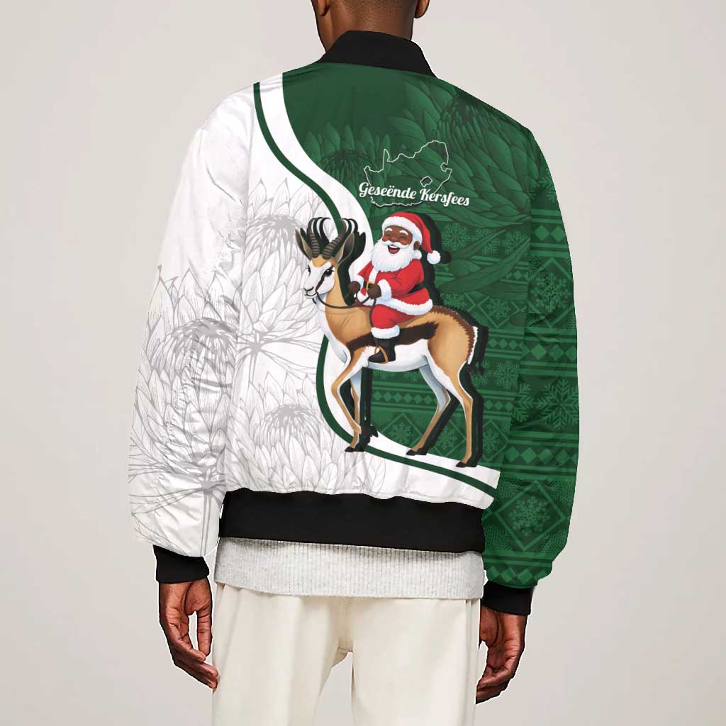 South Africa Christmas In July Bomber Jacket Geseende Kersfees Springbok Black Santa