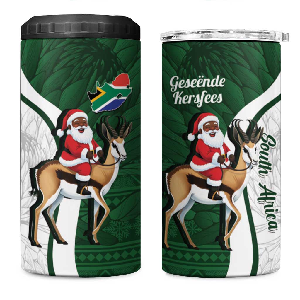 South Africa Christmas In July 4 in 1 Can Cooler Tumbler Geseende Kersfees Springbok Black Santa