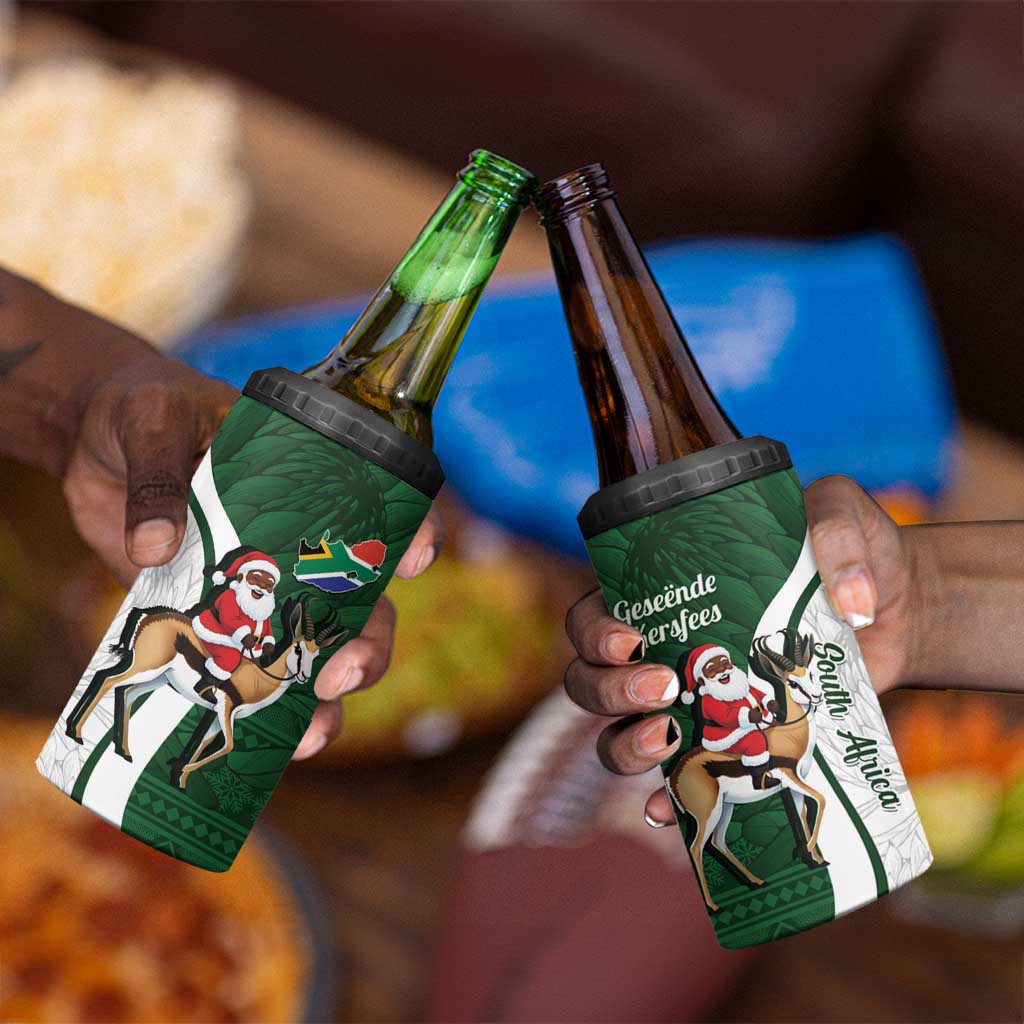 South Africa Christmas In July 4 in 1 Can Cooler Tumbler Geseende Kersfees Springbok Black Santa