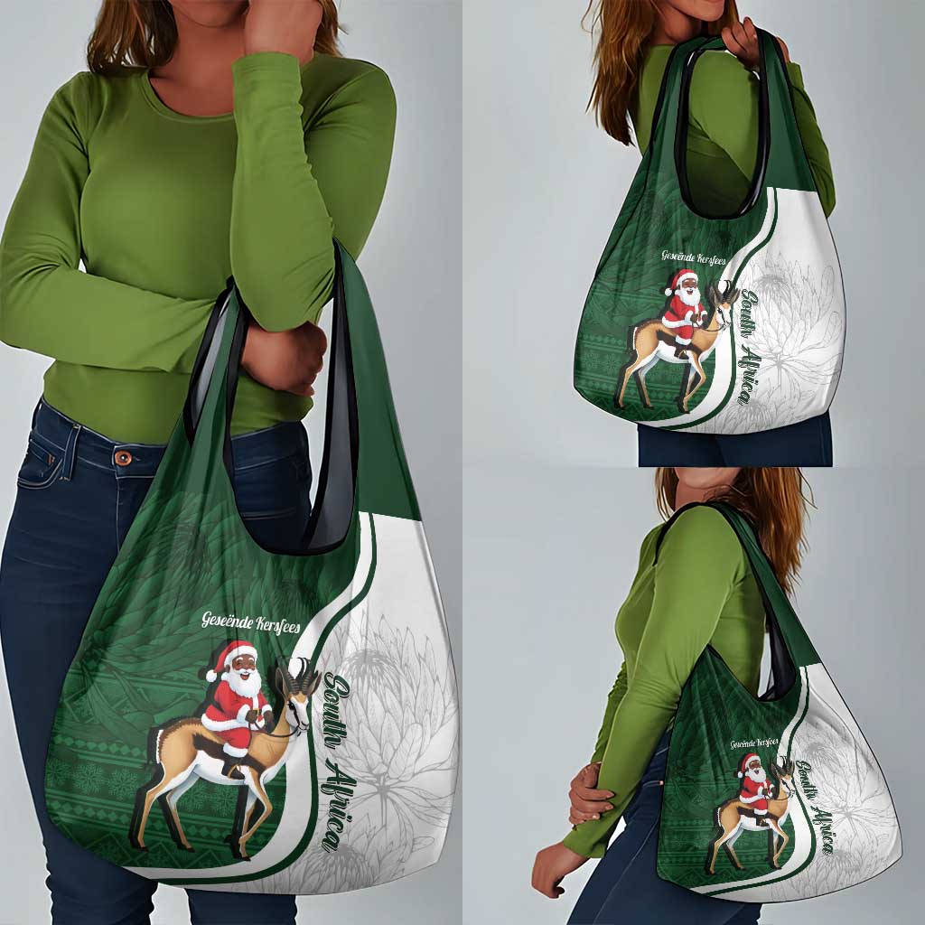 South Africa Christmas In July Grocery Bag Geseende Kersfees Springbok Black Santa