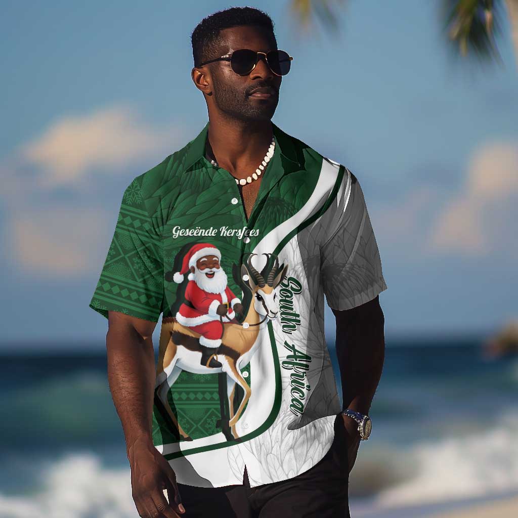 South Africa Christmas In July Hawaiian Shirt Geseende Kersfees Springbok Black Santa