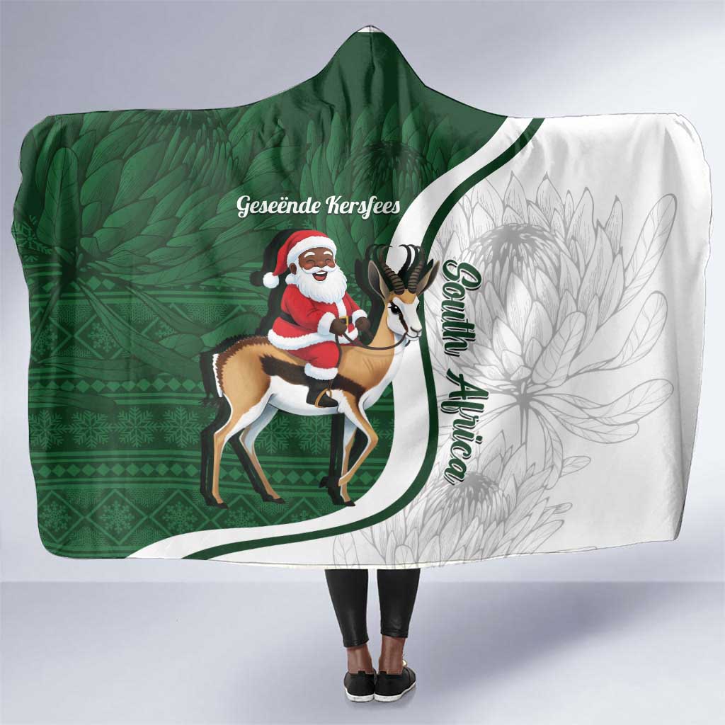 South Africa Christmas In July Hooded Blanket Geseende Kersfees Springbok Black Santa