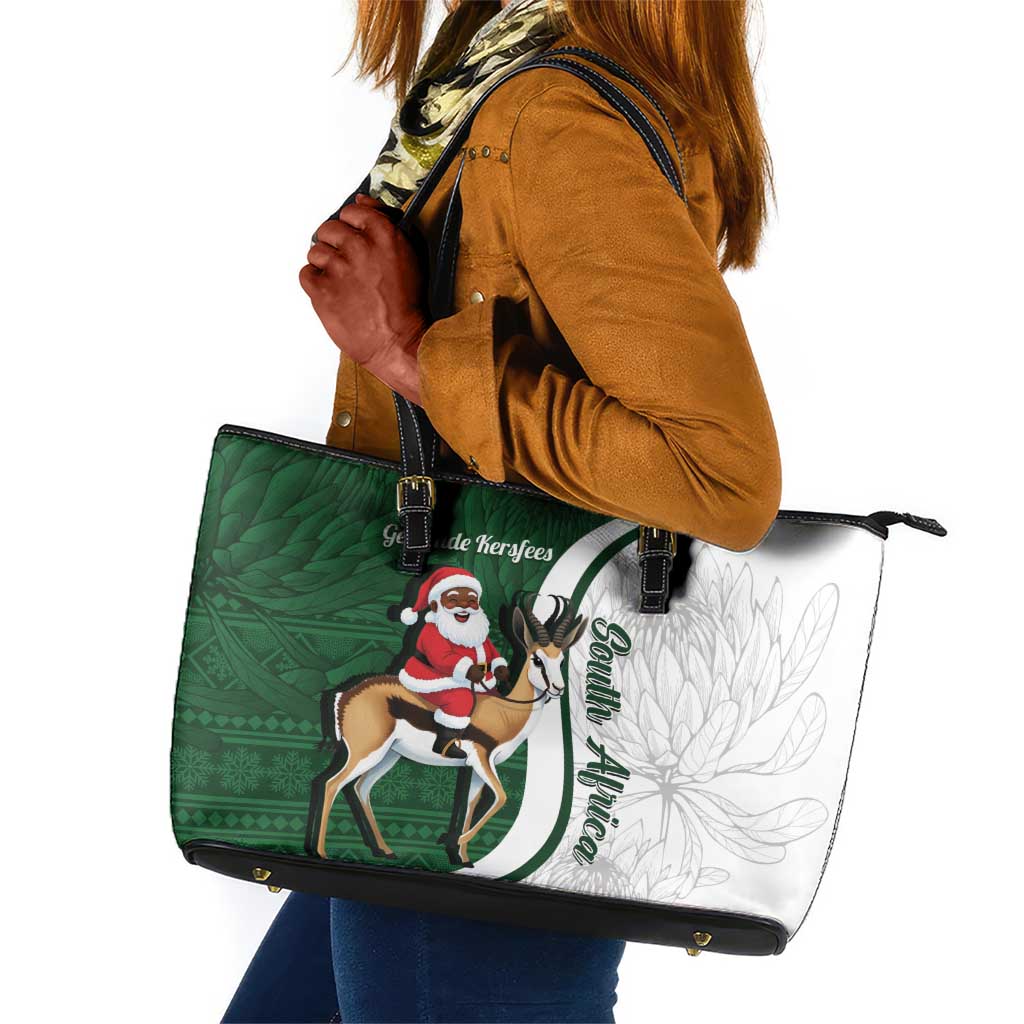 South Africa Christmas In July Leather Tote Bag Geseende Kersfees Springbok Black Santa