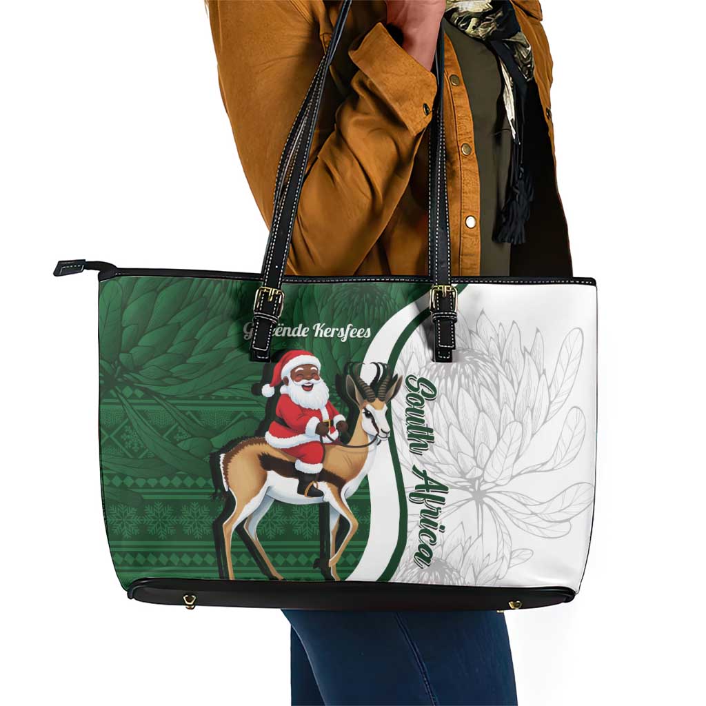 South Africa Christmas In July Leather Tote Bag Geseende Kersfees Springbok Black Santa