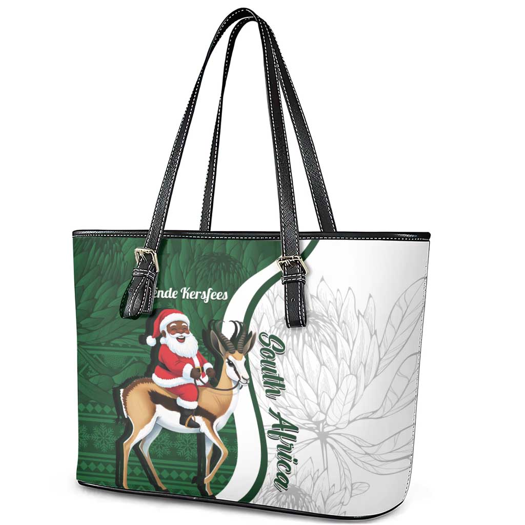 South Africa Christmas In July Leather Tote Bag Geseende Kersfees Springbok Black Santa