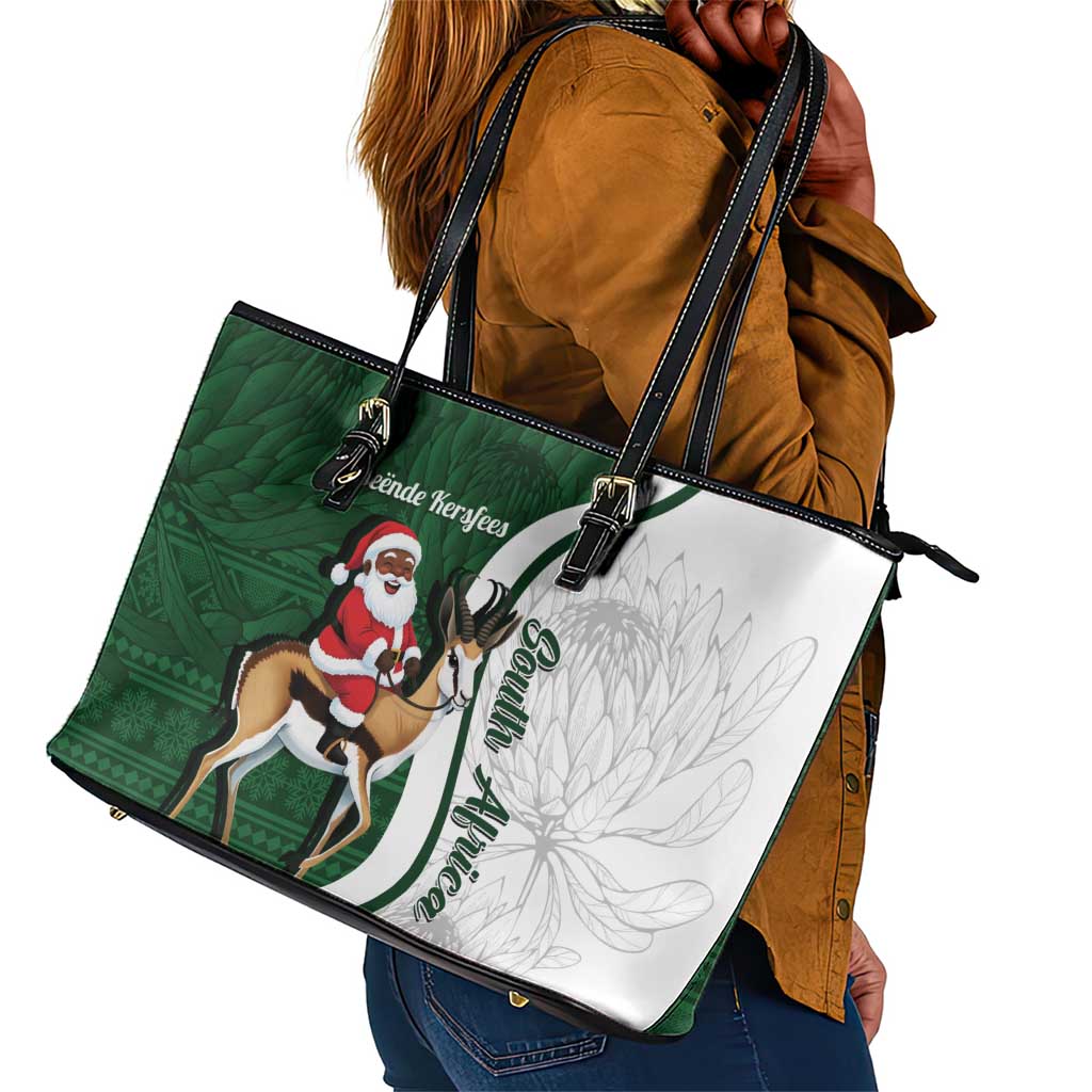 South Africa Christmas In July Leather Tote Bag Geseende Kersfees Springbok Black Santa