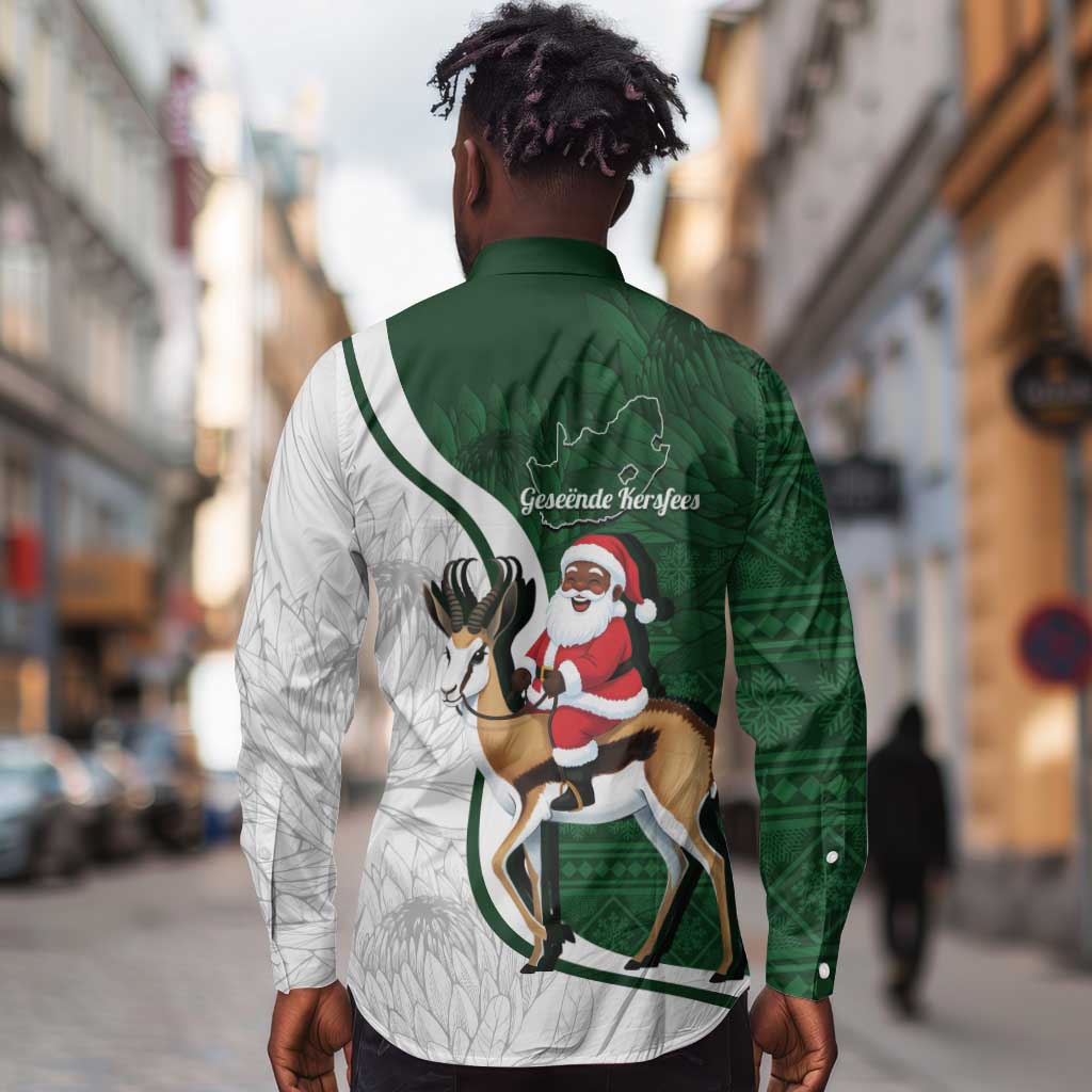 South Africa Christmas In July Long Sleeve Button Shirt Geseende Kersfees Springbok Black Santa