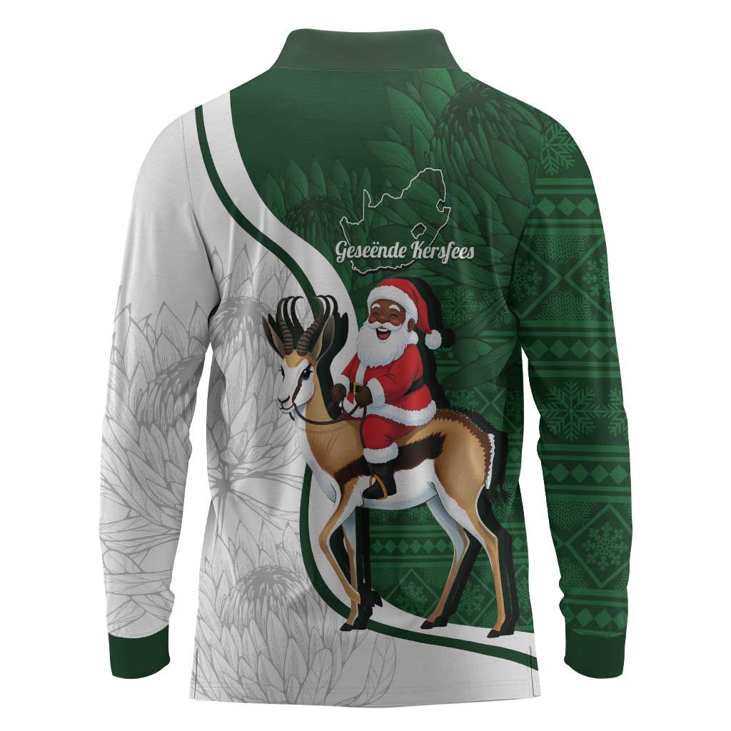South Africa Christmas In July Long Sleeve Polo Shirt Geseende Kersfees Springbok Black Santa