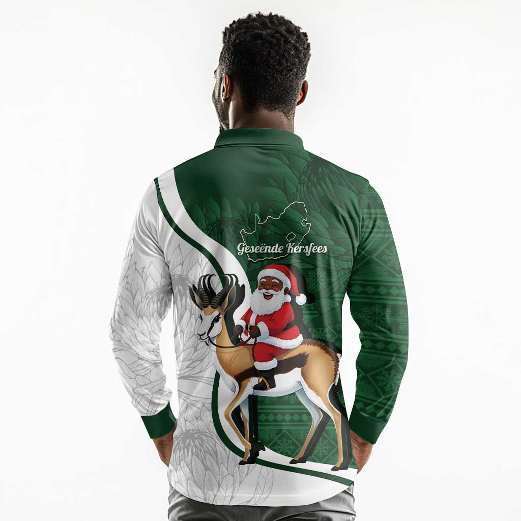 South Africa Christmas In July Long Sleeve Polo Shirt Geseende Kersfees Springbok Black Santa