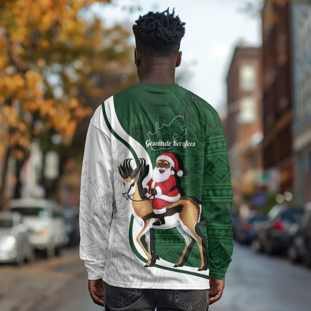 South Africa Christmas In July Long Sleeve Shirt Geseende Kersfees Springbok Black Santa