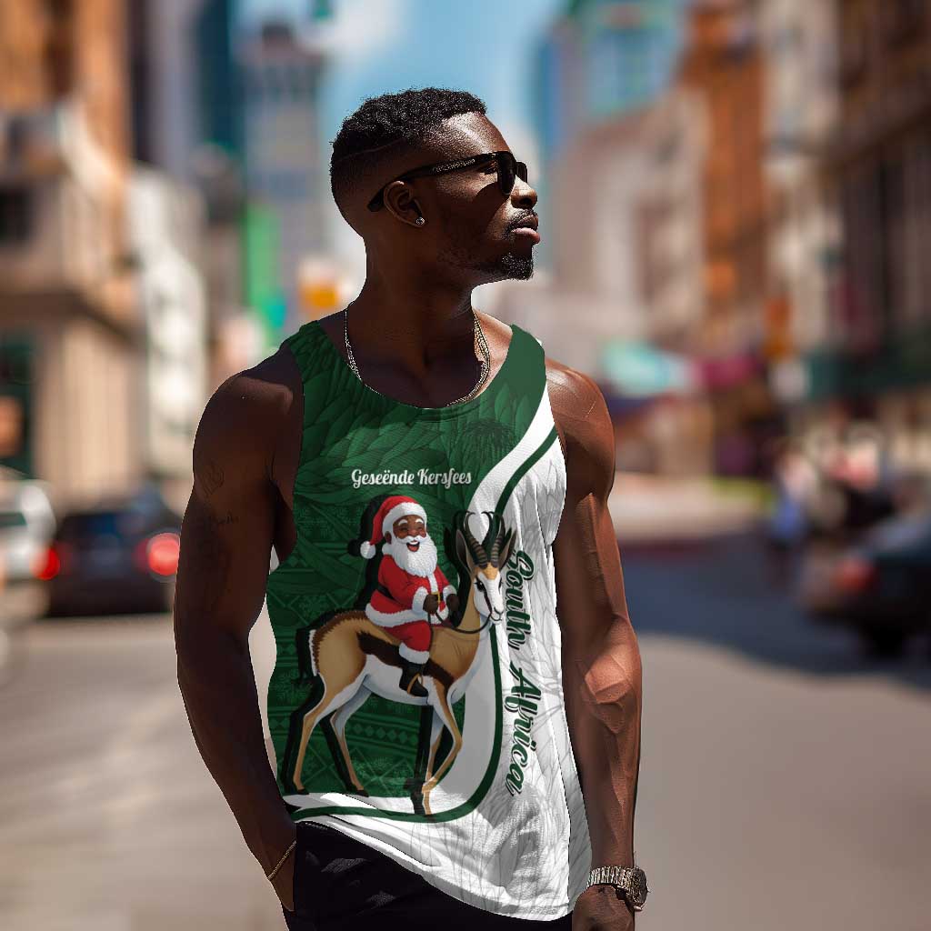 South Africa Christmas In July Men Tank Top Geseende Kersfees Springbok Black Santa