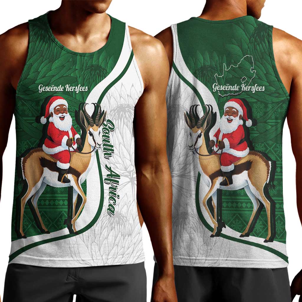 South Africa Christmas In July Men Tank Top Geseende Kersfees Springbok Black Santa