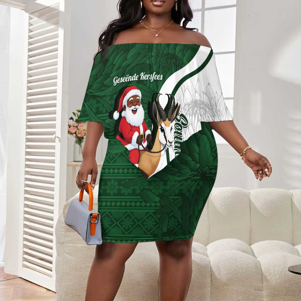 South Africa Christmas In July Off Shoulder Short Dress Geseende Kersfees Springbok Black Santa