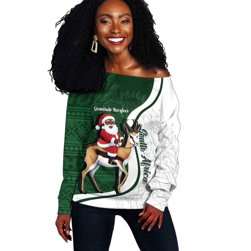 South Africa Christmas In July Off Shoulder Sweater Geseende Kersfees Springbok Black Santa