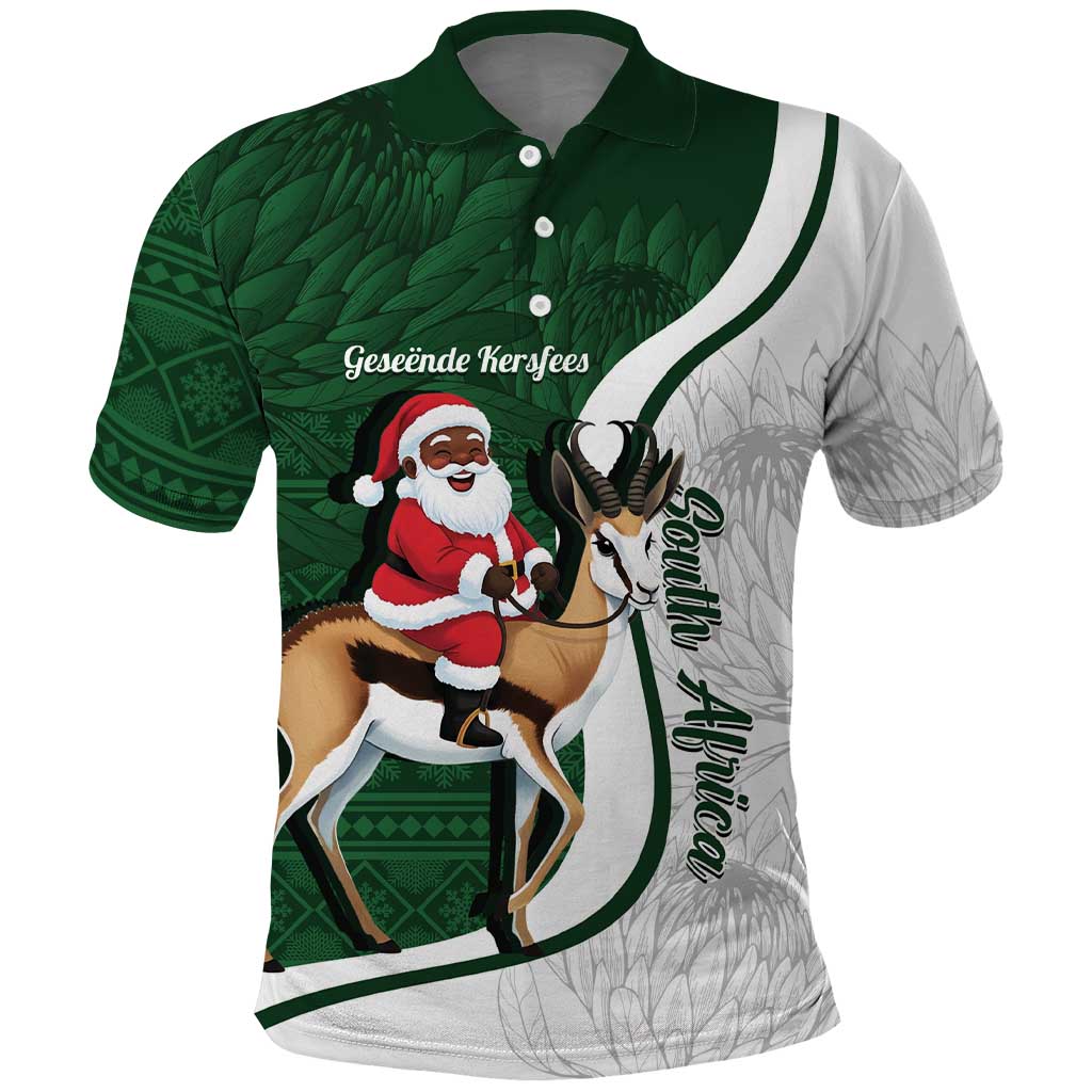 South Africa Christmas In July Polo Shirt Geseende Kersfees Springbok Black Santa