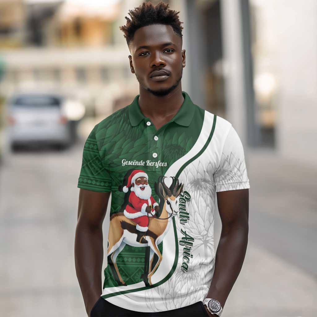 South Africa Christmas In July Polo Shirt Geseende Kersfees Springbok Black Santa