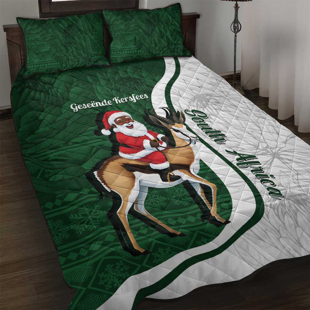 South Africa Christmas In July Quilt Bed Set Geseende Kersfees Springbok Black Santa