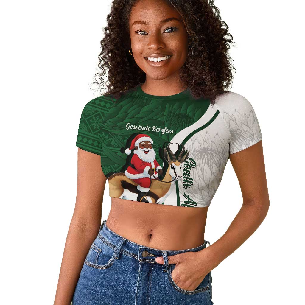 South Africa Christmas In July Raglan Cropped T shirt Geseende Kersfees Springbok Black Santa