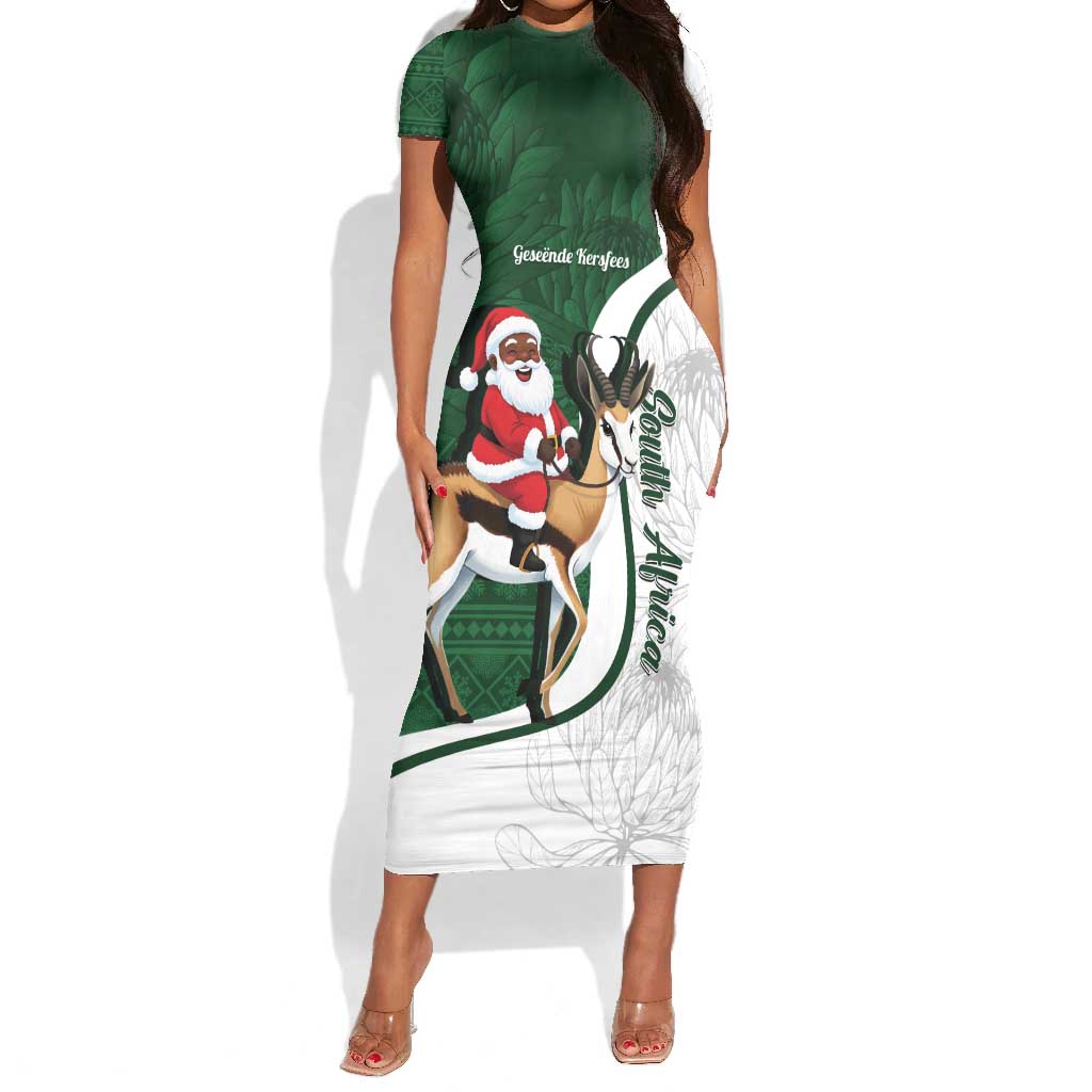 South Africa Christmas In July Short Sleeve Bodycon Dress Geseende Kersfees Springbok Black Santa