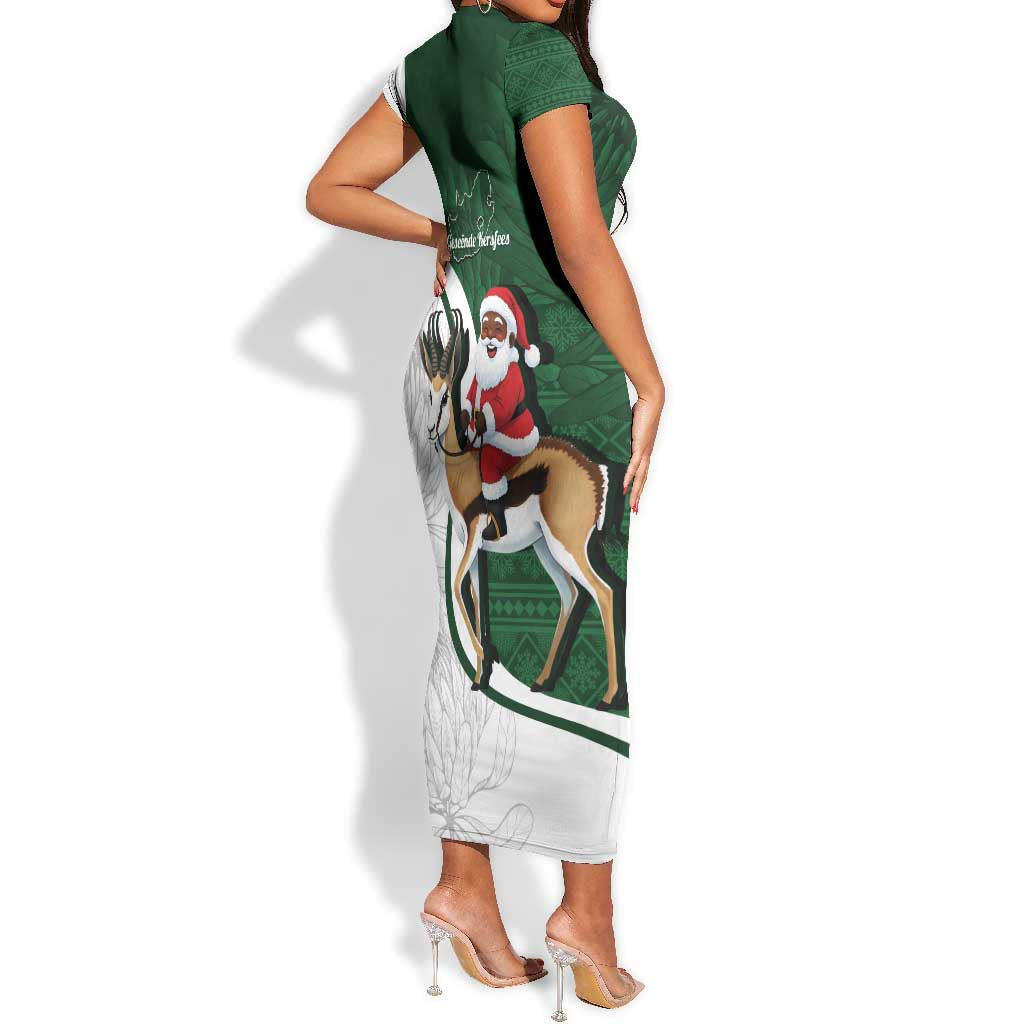 South Africa Christmas In July Short Sleeve Bodycon Dress Geseende Kersfees Springbok Black Santa