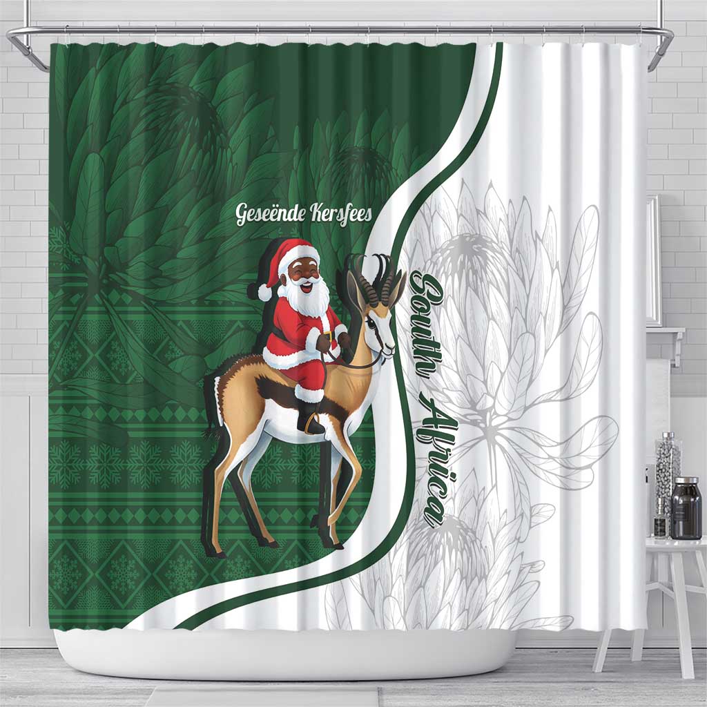 South Africa Christmas In July Shower Curtain Geseende Kersfees Springbok Black Santa