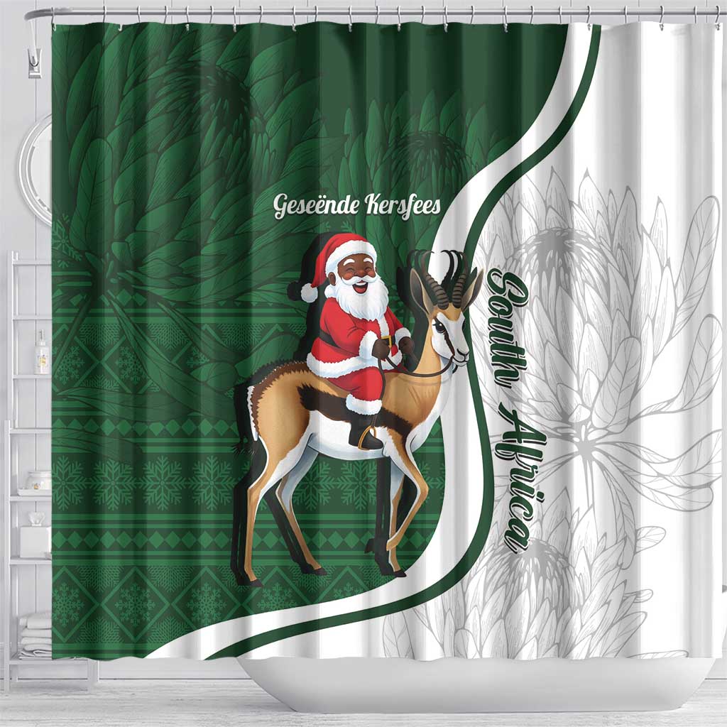 South Africa Christmas In July Shower Curtain Geseende Kersfees Springbok Black Santa