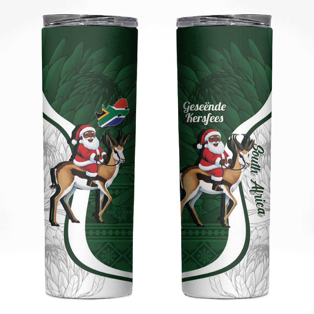 South Africa Christmas In July Skinny Tumbler Geseende Kersfees Springbok Black Santa