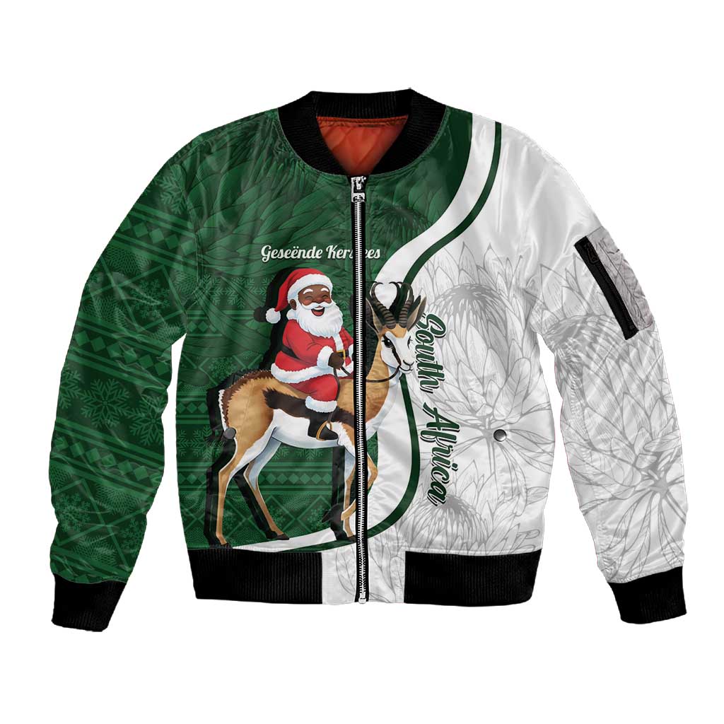 South Africa Christmas In July Sleeve Zip Bomber Jacket Geseende Kersfees Springbok Black Santa